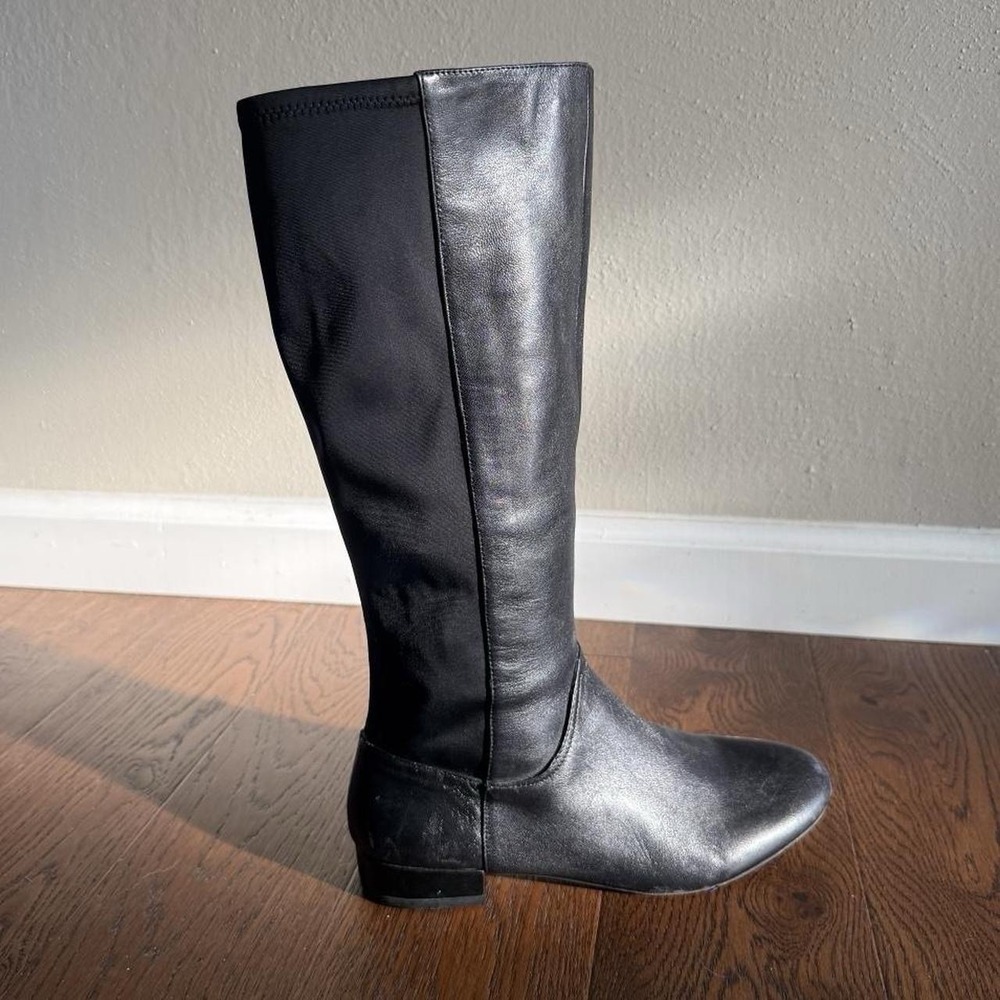 Nine West Knee High Boots Womens 7.5 Black Leather Stretch Riding Low Heel